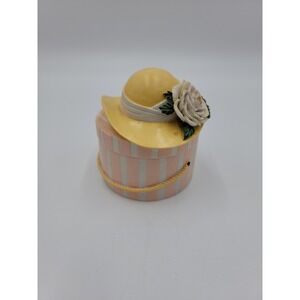 Two's Company Trinket Box Floral Hat Top Pink/White Stripes Yellow Handle 025